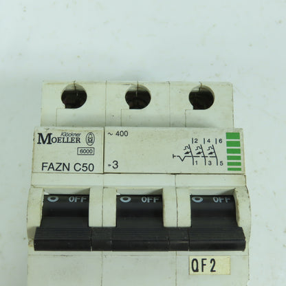 Klockner Moeller FAZN C50 3-Pole 50A Rail Mount Circuit Breaker 400VAC
