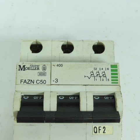 Klockner Moeller FAZN C50 3-Pole 50A Rail Mount Circuit Breaker 400VAC