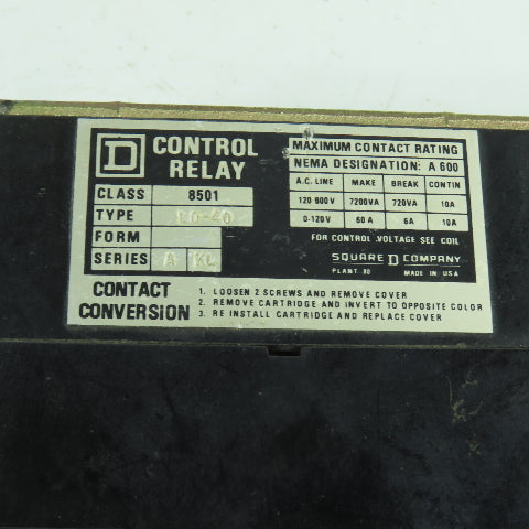 Square D L0-40 Class 8501 Control Relay 120-600VAC Max 120V Coil 10A