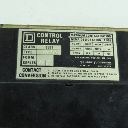 Square D L0-40 Class 8501 Control Relay 120-600VAC Max 120V Coil 10A