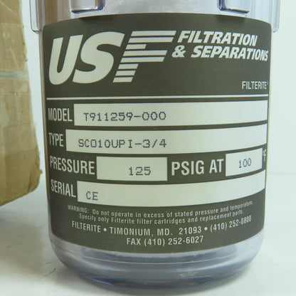 USF Filtration SC010UPI-3/4 T911259-000 Filter & Housing 125PSIG 100°F NEW