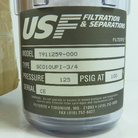 USF Filtration SC010UPI-3/4 T911259-000 Filter & Housing 125PSIG 100°F NEW