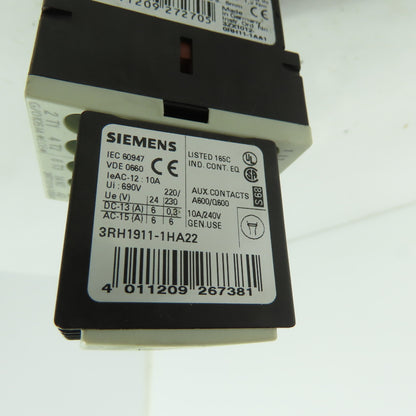 Siemens 3RT1016-1BB42 600V 3-Pole Contactor 24VDC W/ 3RH1911-1HA22