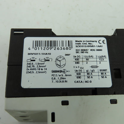 Siemens 3RV1011-1HA10 3-Pole Manual Motor Starter Circuit Breaker 600V 5.5-8A