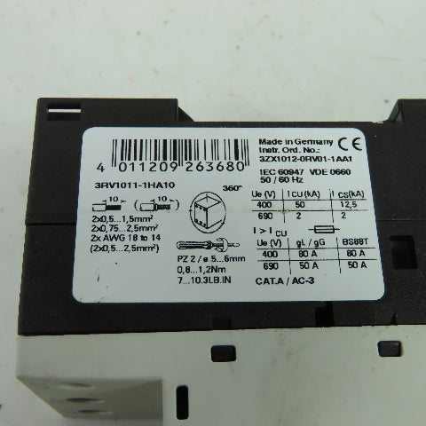 Siemens 3RV1011-1HA10 3-Pole Manual Motor Starter Circuit Breaker 600V 5.5-8A