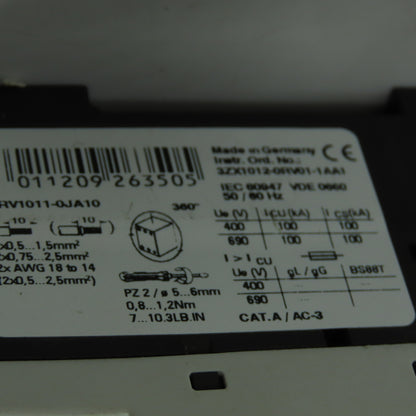 Siemens 3RV1011-0JA10 3Pole Manual MotorStarter Circuit Breaker 600V 1A Lot Of 3