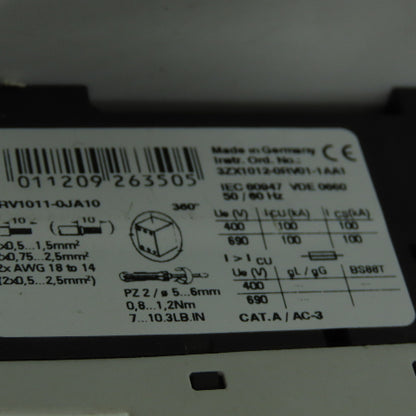 Siemens 3RV1011-0JA10 3Pole Manual MotorStarter Circuit Breaker 600V 1A Lot Of 3