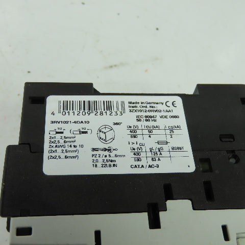 Siemens 3RV1021-4DA10 3 Pole Manual Motor Starter Circuit Breaker 600V 25A