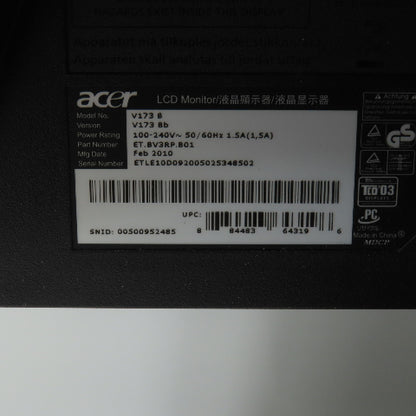 Acer V173B 17" LCD Monitor 100-240VAC W/ Adesso ACK-730PB Keyboard & Cables