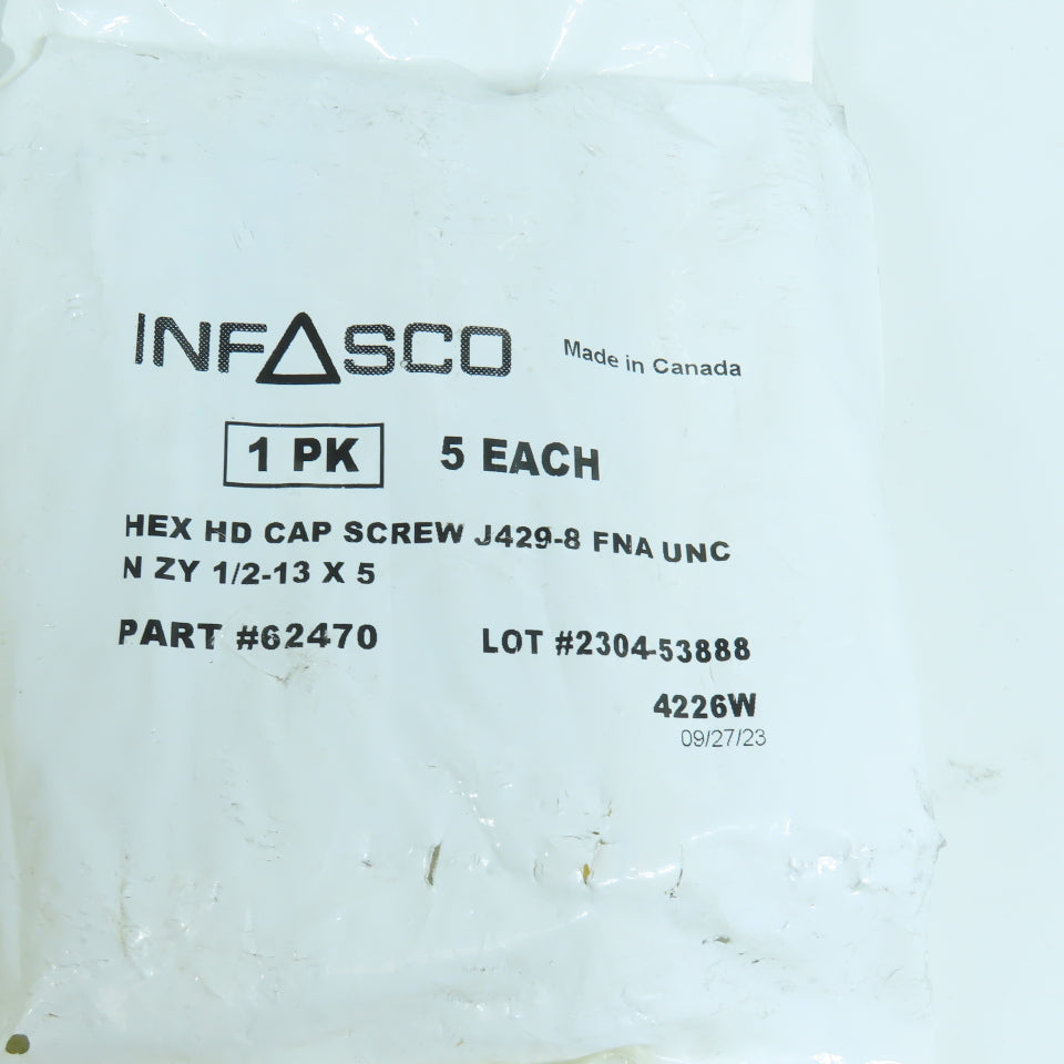 Infasco 62470 J429-8 Hex Head Cap Screw 1/2"-13 x 5" UNC Lot Of 20