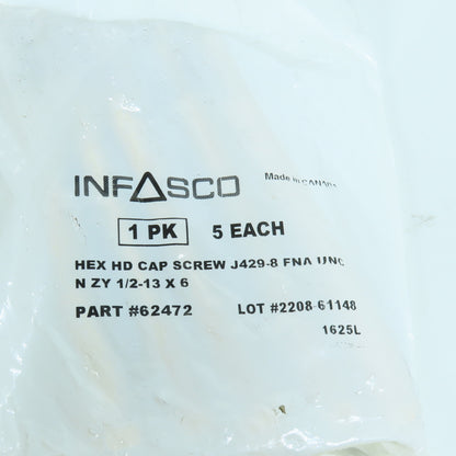 Infasco 62472 J429-8 Hex Head Cap Screw 1/2"-13 x 6" UNC Lot Of 20