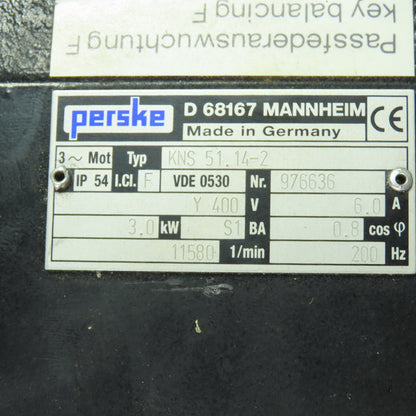 Perske KNS 51.14-2 3Ph 3.0KW Spindle Motor 400YV 6.0A 11580RPM
