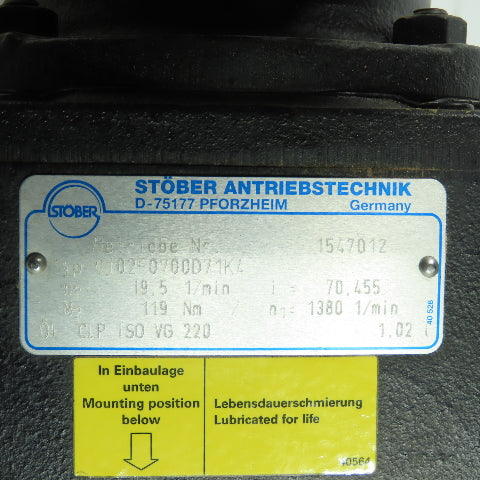 Stober C102F0700D71K4 70.7:1 Ratio Gear Motor 19.5RPM Output 220-480V 3Ph 0.25KW