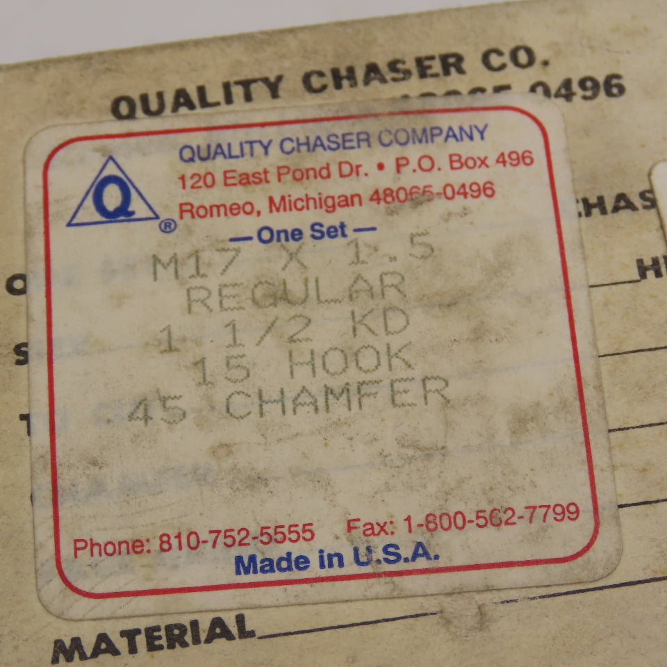 Quality Chaser Company M17 x 1.5 Regular 1-1/2KD 15 Hook Thread Chaser 45° Set/4