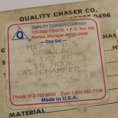 Quality Chaser Company M17 x 1.5 Regular 1-1/2KD 15 Hook Thread Chaser 45° Set/4