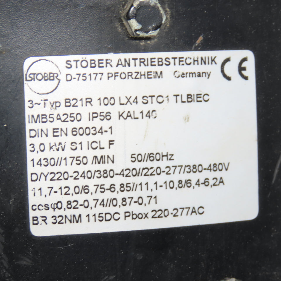Stober D-75177 C502G000R570FD100L4 3.0KW Gear Motor 3Ph 220/480V W/115V Brake