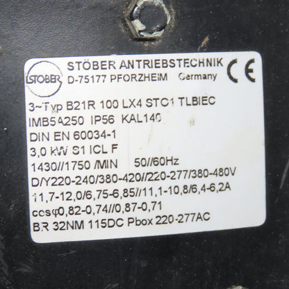 Stober D-75177 C502G000R570FD100L4 3.0KW Gear Motor 3Ph 220/480V W/115V Brake