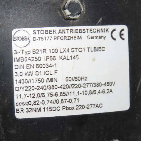 Stober D-75177 C502G000R570FD100L4 3.0KW Gear Motor 3Ph 220/480V W/115V Brake
