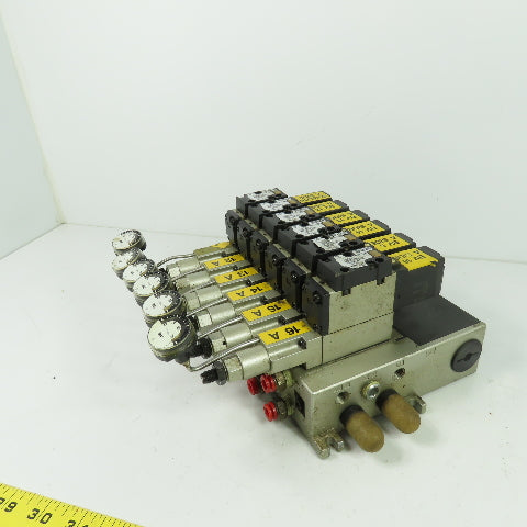 SMC NARBF2000-P 6 Slot Pneumatic Interface Regulator Manifold Bank 120PSI W/Gage