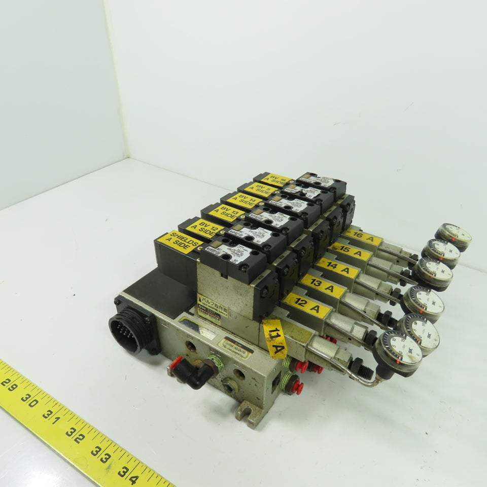 SMC NARBF2000-P 6 Slot Pneumatic Interface Regulator Manifold Bank 120PSI W/Gage