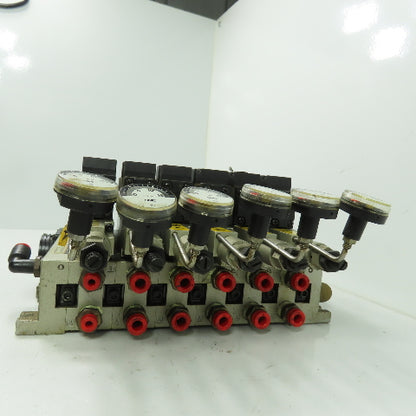 SMC NARBF2000-P 6 Slot Pneumatic Interface Regulator Manifold Bank 120PSI W/Gage