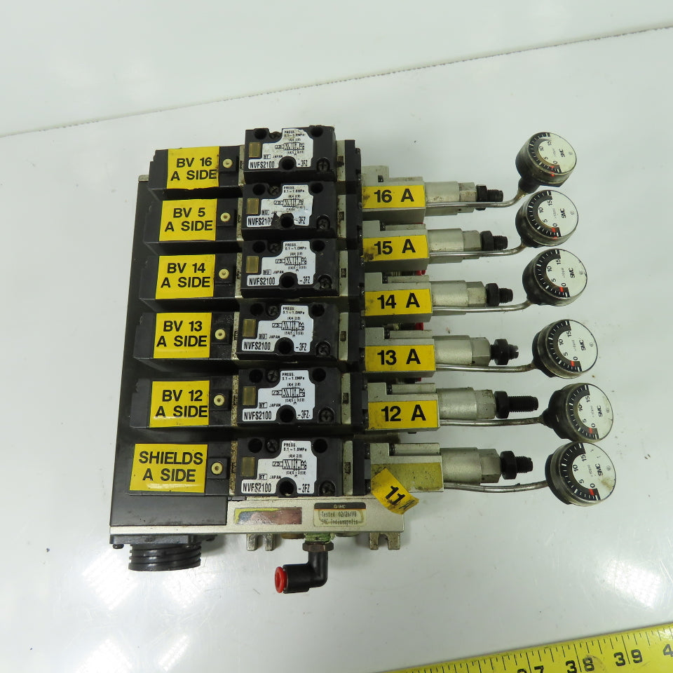 SMC NARBF2000-P 6 Slot Pneumatic Interface Regulator Manifold Bank 120PSI W/Gage