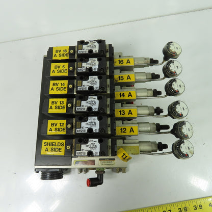 SMC NARBF2000-P 6 Slot Pneumatic Interface Regulator Manifold Bank 120PSI W/Gage