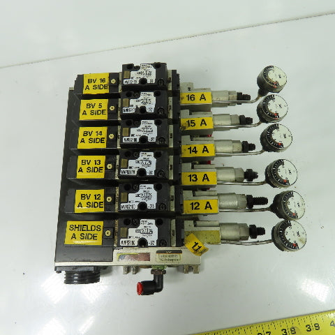 SMC NARBF2000-P 6 Slot Pneumatic Interface Regulator Manifold Bank 120PSI W/Gage