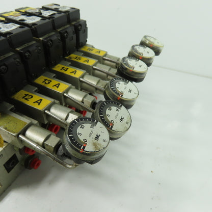 SMC NARBF2000-P 6 Slot Pneumatic Interface Regulator Manifold Bank 120PSI W/Gage