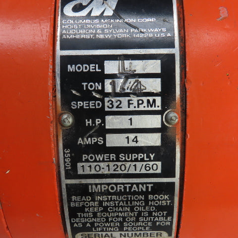 CM Model J 1/2 Ton 1000LB Electric Chain Hoist 15' Lift 32FPM 115V SINGLE PHASE