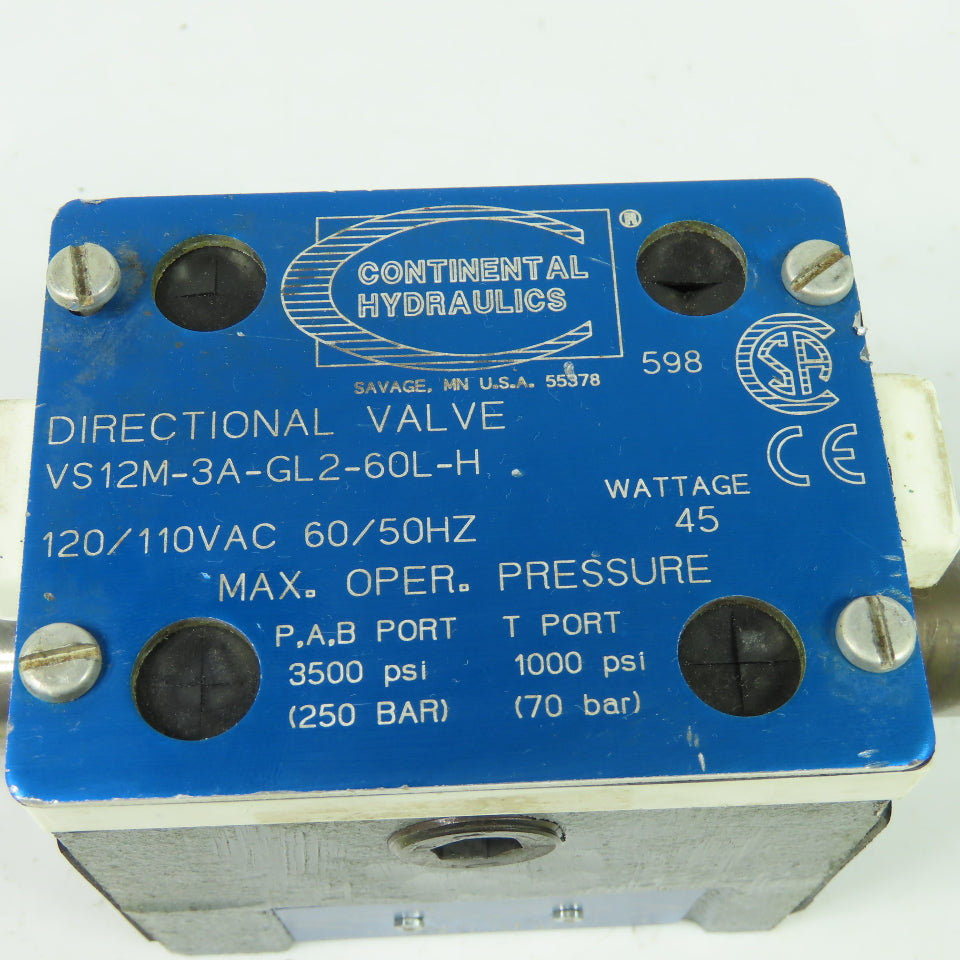 Continental Hydraulics VS12M-3A-GL2-60L-H Hydraulic Directional Valve 3500PSI