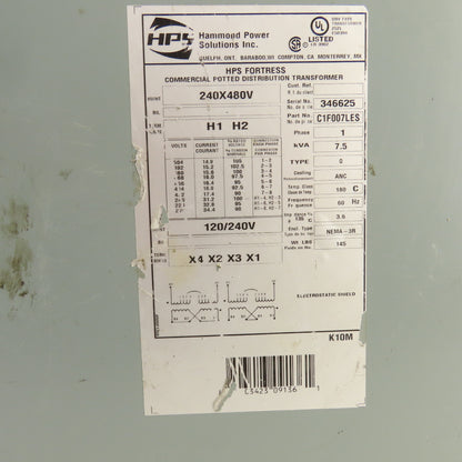 Hammond C1F007LES 7.5kVA Distribution Transformer Pri 240/480V Sec 120/240V 1PH