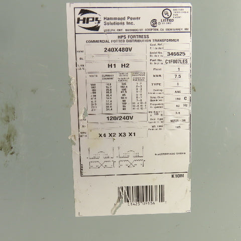 Hammond C1F007LES 7.5kVA Distribution Transformer Pri 240/480V Sec 120/240V 1PH