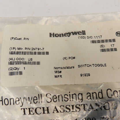 Honeywell 2NT91-7 125VAC Panel Mount Toggle Switch