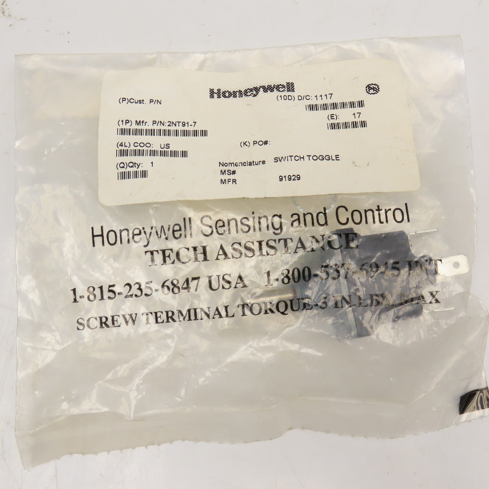 Honeywell 2NT91-7 125VAC Panel Mount Toggle Switch