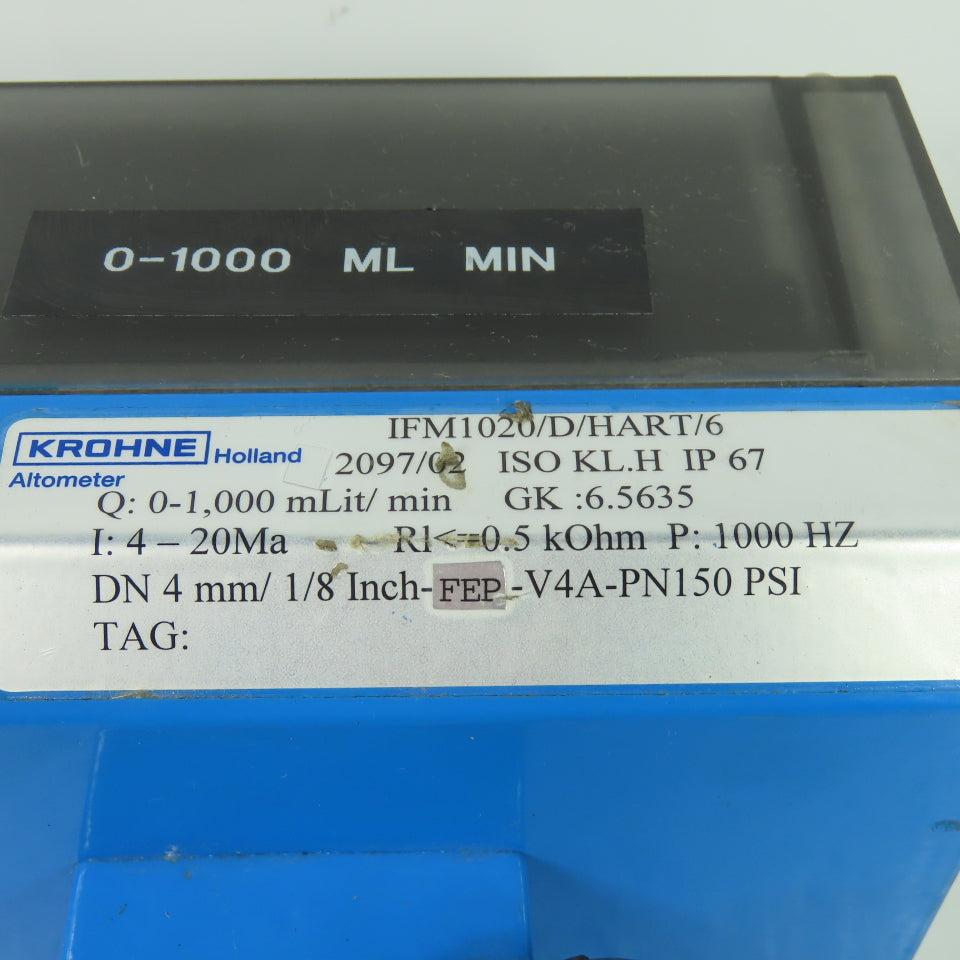 Krohne IFM1020/D/HART/6 Altometer Flow Meter 4-20mA Q: 0-1000 mLit/min 130VAC