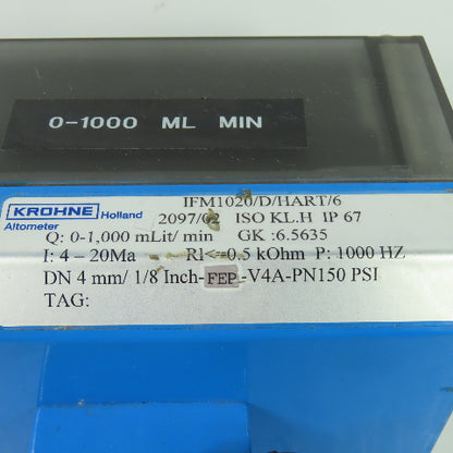 Krohne IFM1020/D/HART/6 Altometer Flow Meter 4-20mA Q: 0-1000 mLit/min 130VAC