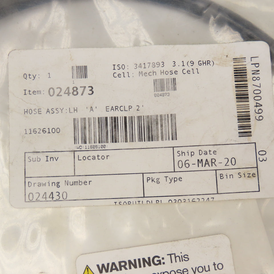 Hypertherm 024873 Hose Assembly "A" Left Hand Earclip 2'