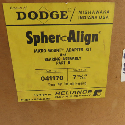 Spher Align Dodge Micro Mount Adapter Kit And Bearing Assy Part B 7-15/16"Shaft