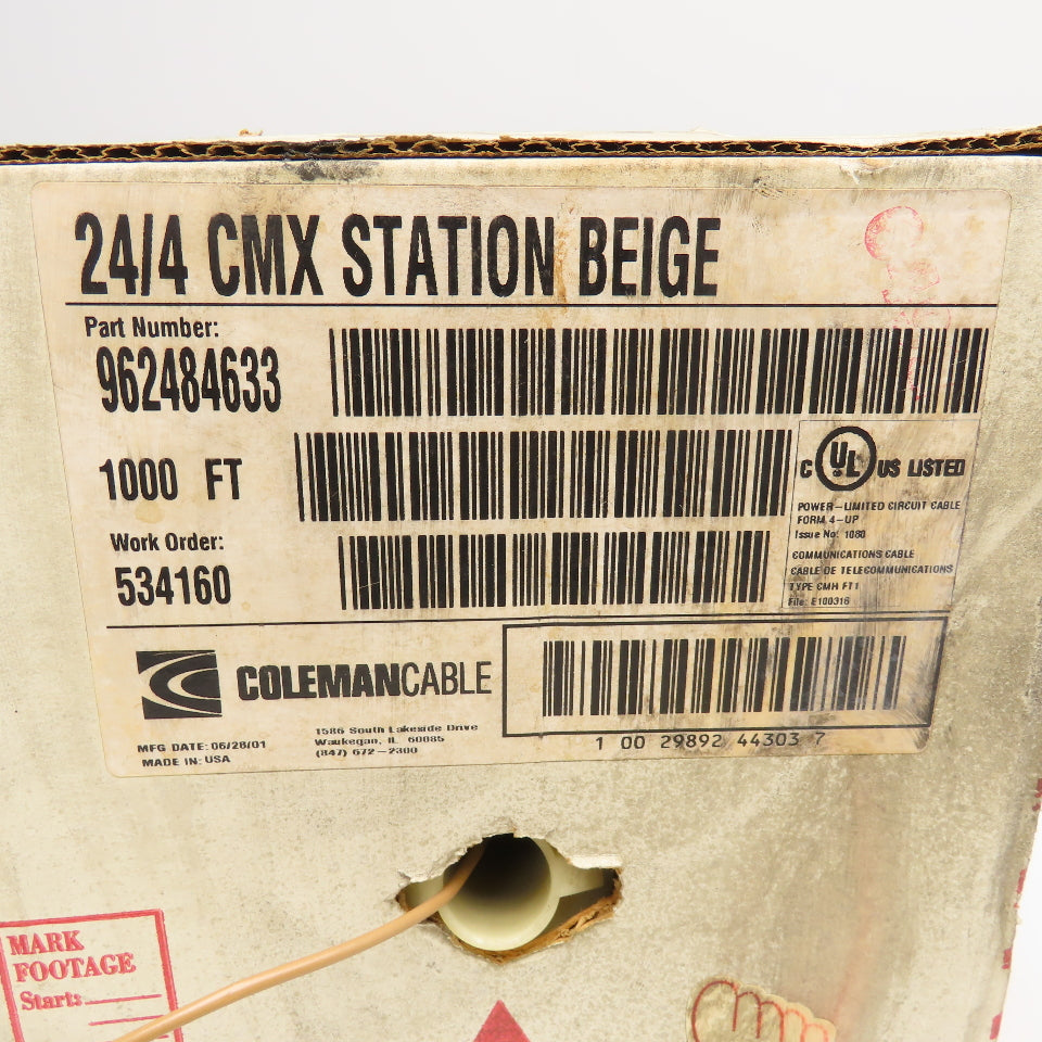 Coleman Cable 962484633 24/4 24AWG 4 Strand CMX Station Wire Beige Approx. 500'
