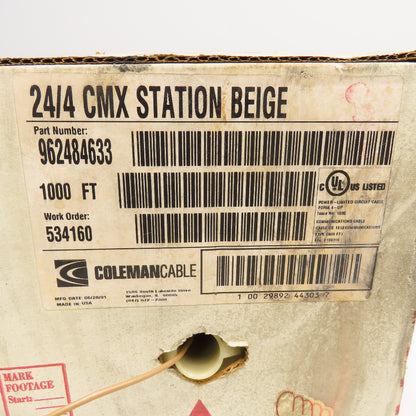 Coleman Cable 962484633 24/4 24AWG 4 Strand CMX Station Wire Beige Approx. 500'