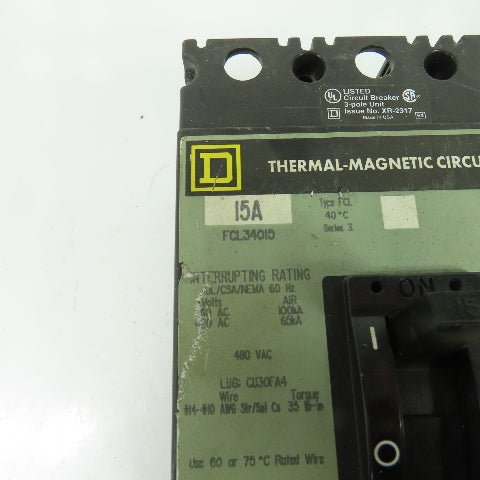 Square D FCL34015 15A Circuit Breaker 3-Pole 480V