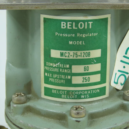 Beloit MC2-75-120B Compressed Air Regulator 60PSI Out 250PSI In 3/8" NPT