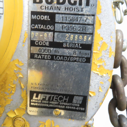 Budgit 115847-7 2 Ton 4000lb Electric Chain Hoist 15' Travel 8 FPM 230/460V 3Ph