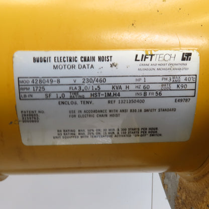 Budgit 115847-7 2 Ton 4000lb Electric Chain Hoist 15' Travel 8 FPM 230/460V 3Ph