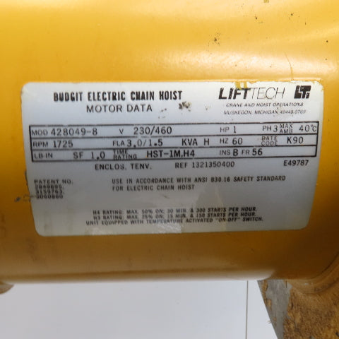 Budgit 115847-7 2 Ton 4000lb Electric Chain Hoist 15' Travel 8 FPM 230/460V 3Ph