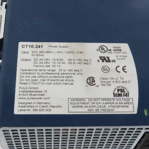 Puls CT10.241 Dimension 24-28V DC 10A Power Supply 3PH 380-480VAC Input 0.9A
