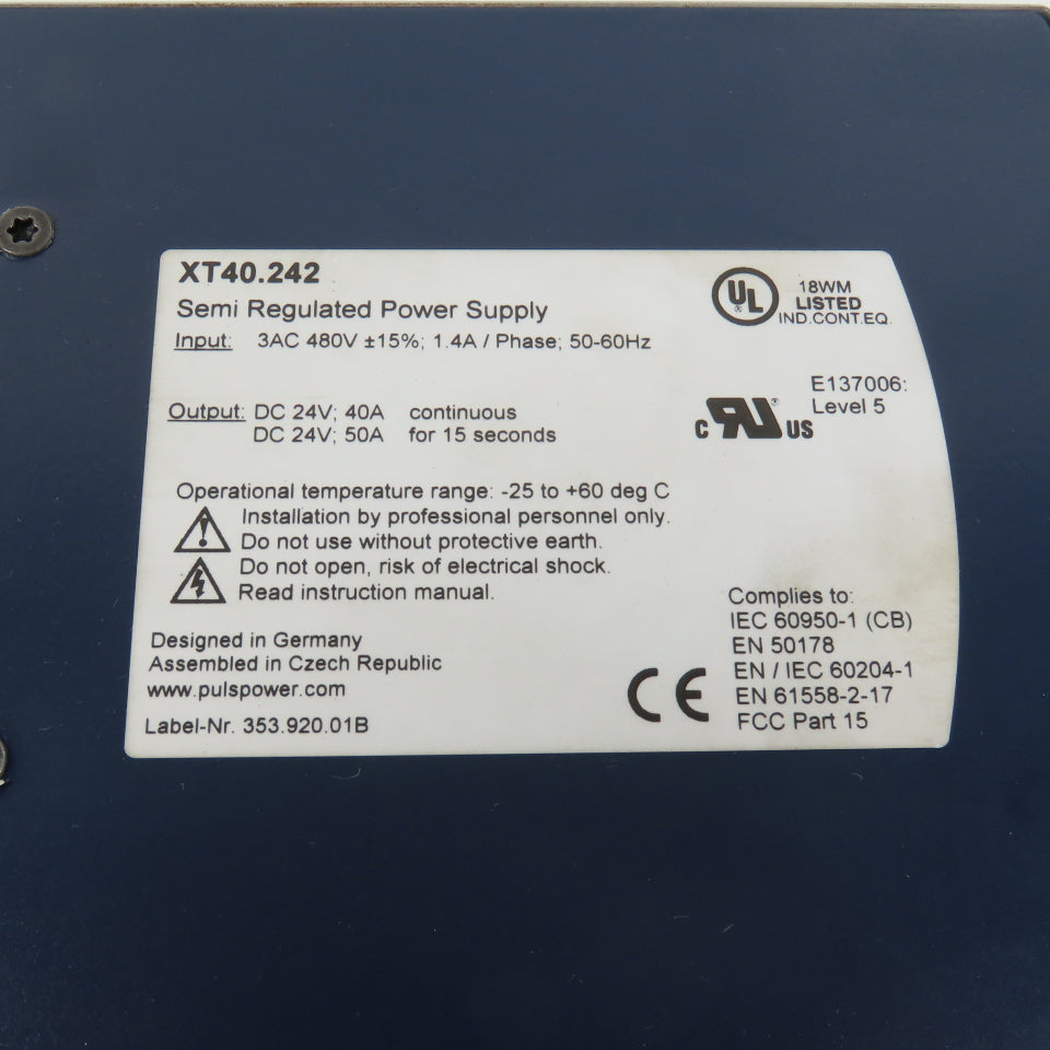 Puls XT40.242 Dimension 24V DC 40A Power Supply 3PH 480VAC Input 1.4A