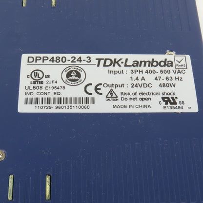 TKD Lambda DPP480-24-3 24V DC 20A/480W Power Supply 3PH 400-500VAC Input 1.4A