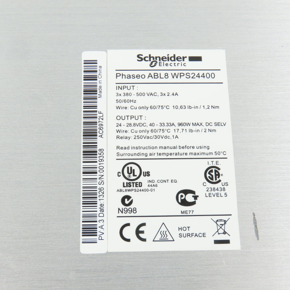 Schneider ABLWPS24400 24-28V DC 40A Power Supply 3PH 380-500VAC Input 2.4A